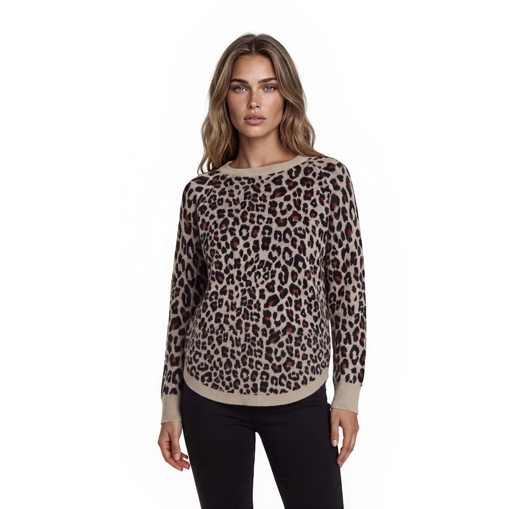 LOFT Sweater Women's Size XL Tan Leopard Print 100% Cotton Crew Neck Long Sleeve